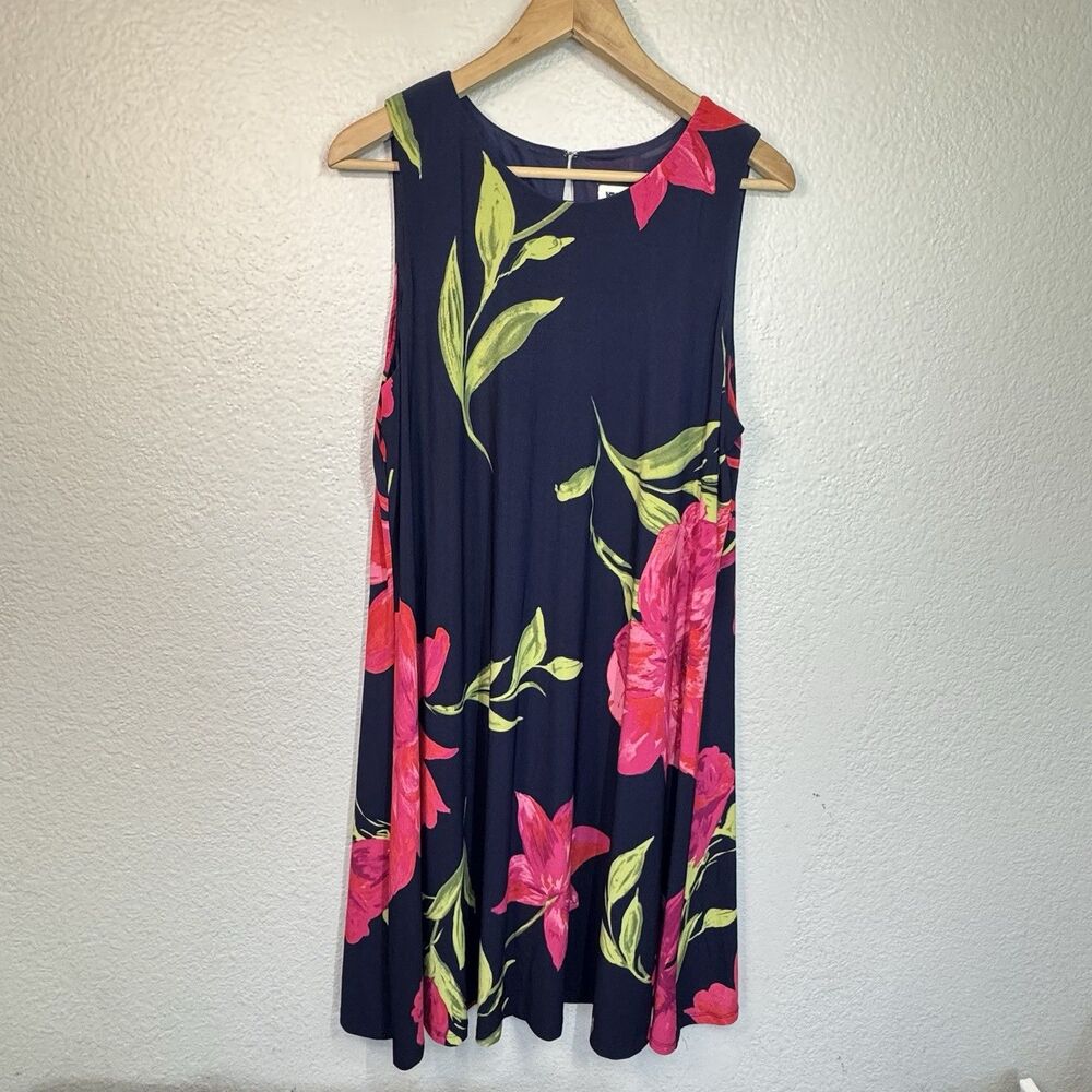 Anne Klein Dress Women 16 Navy Floral Sleeveless Stretch Non Iron Wedding Party